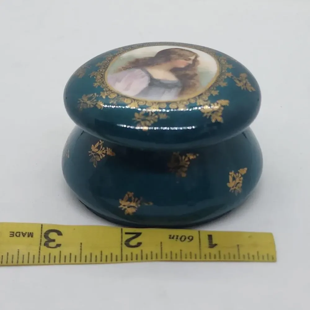 Vintage Portrait Lady Vanity Jar Blue Porcelain Trinket Dresser Box Gold Decor